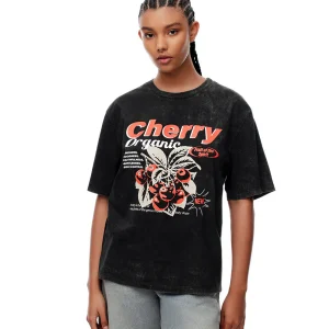 Camiseta regular algodón negra estampada mujer